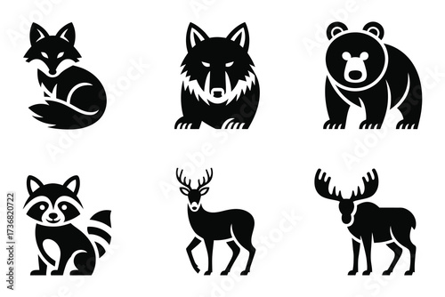 Set of six woodland animal silhouettes fox wolf bear raccoon deer moose icons