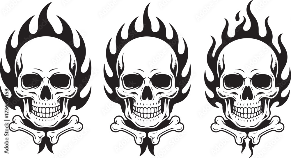 Fototapeta premium Three black and white vector illustrations of skulls with flames and crossbones fire