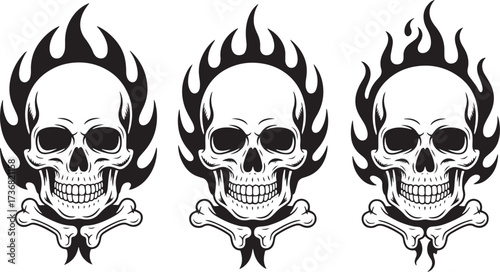 Three black and white vector illustrations of skulls with flames and crossbones fire