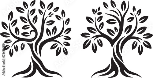 Two stylized black trees with leaves on a white background vector illustration