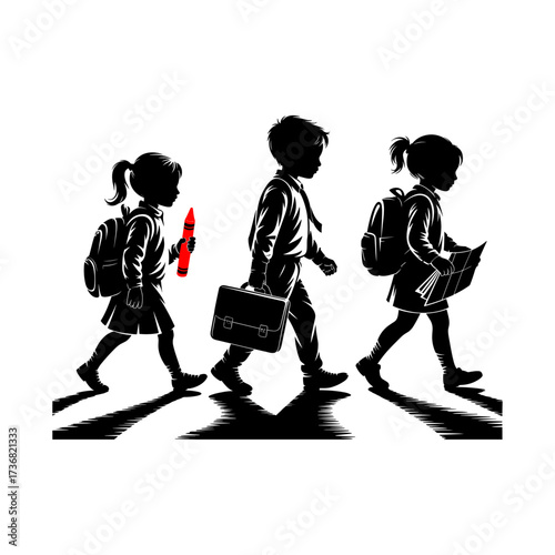 Silhouettes of people or children reading books, Isolated diverse kids with backpacks walking to school, women and children, education concept, learning, knowledge, library scene, study time