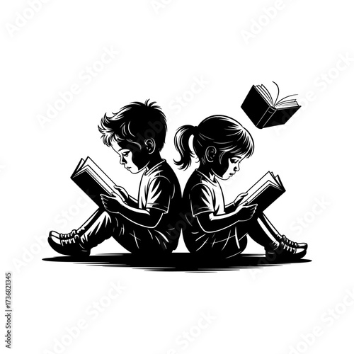 Silhouettes of people or children reading books, Isolated diverse kids with backpacks walking to school, women and children, education concept, learning, knowledge, library scene, study time