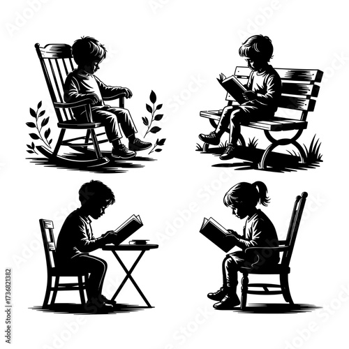 Silhouettes of people or children reading books, Isolated diverse kids with backpacks walking to school, women and children, education concept, learning, knowledge, library scene, study time