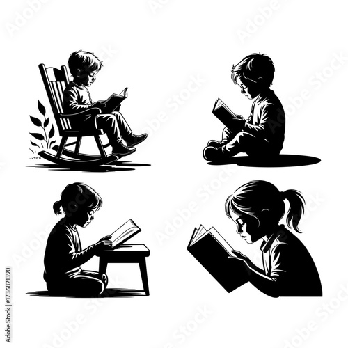 Silhouettes of people or children reading books, Isolated diverse kids with backpacks walking to school, women and children, education concept, learning, knowledge, library scene, study time