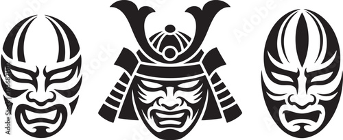 Three black tribal masks including a samurai helmet mask and two stylized faces on white background Vector illustration Editable stroke