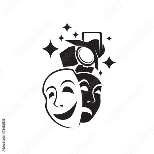 icon of comedy and tragedy theatrical masks with spotlight isolated on white background