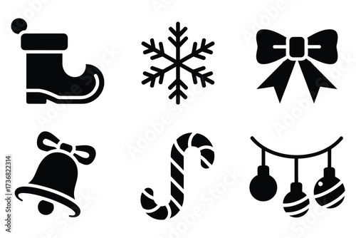 Festive christmas icons silhouette set featuring stocking snowflake bow bell candy cane lights