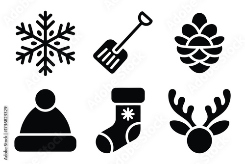 Winter holiday icons snowflake shovel pinecone hat stocking reindeer antlers for seasonal design