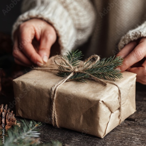 Close-up shot of hands wrapping a present with kraft paper, pine branches, and twine