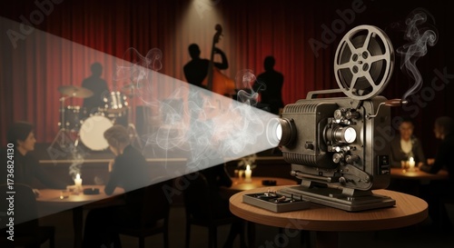 Vintage cinema experience with jazz band and classic film projector atmosphere nostalgia