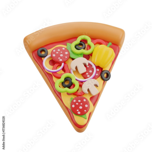 3D Render of a Colorful Pizza Slice with Various Toppings like Pepperoni, Peppers, Olives, Mushrooms, and Onions, isolated for a transparent background design. PNG Transparent Icon