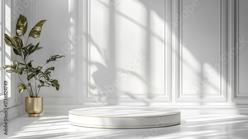 Elegant White Podium with Golden Accents and Minimalist Decor