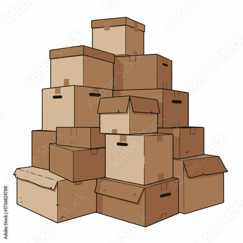 A large, irregular stack of various sized brown cardboard moving boxes, piled high against a white background.