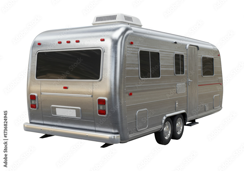 Fototapeta premium Isolated silver vintage travel trailer recreational vehicle camper metallic retro design road trip adventure vacation transport