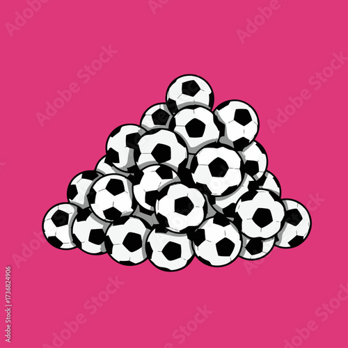 A large pile of black and white soccer balls stacked on a vibrant pink background.