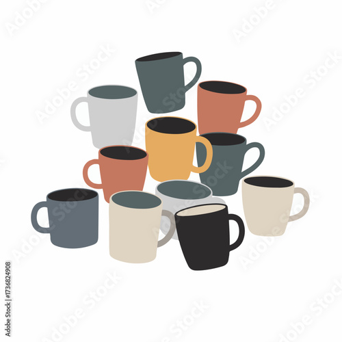 A collection of assorted ceramic mugs stacked in a pile, featuring various colors and designs.