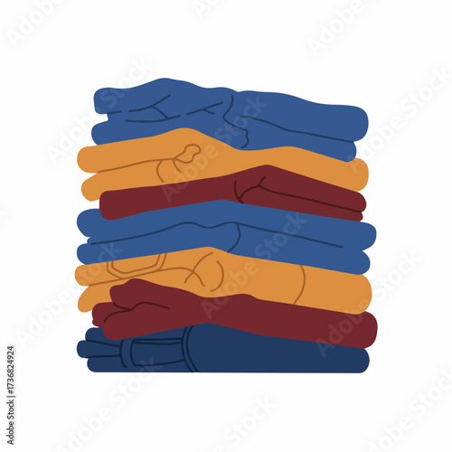 A neatly folded stack of colorful jeans in blue, orange, and maroon.