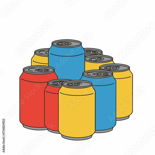 A collection of colorful aluminum beverage cans arranged in a cluster, featuring red, blue, and yellow designs.