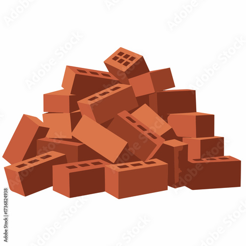 A pile of red bricks, commonly used in construction, stacked in a heap.