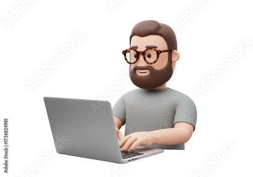 Isolated 3D render of a smiling bearded man wearing glasses and a grey t-shirt diligently typing on a silver laptop computer