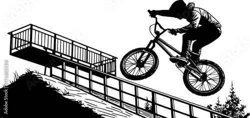Dynamic silhouette of a bmx rider performing a jump off a ramp isolated on white background