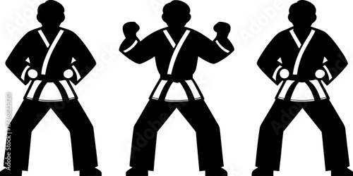 Three martial arts practitioners in traditional uniforms performing a stance silhouette isolated on white background