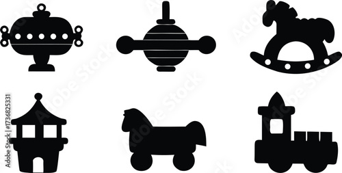 Collection of vintage toy silhouettes including a rocking horse carousel and train isolated on white background