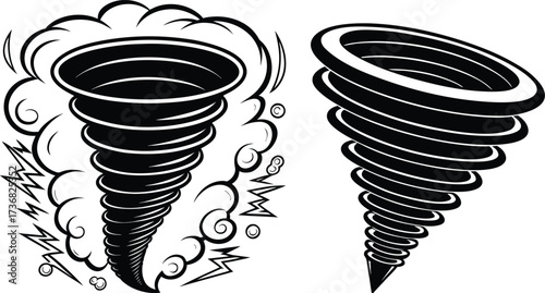 Two black silhouette tornadoes with swirling clouds and lightning isolated on white background