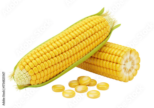 Isolated fresh sweet corn cobs and loose kernels delicious healthy vegetable food ingredient studio shot