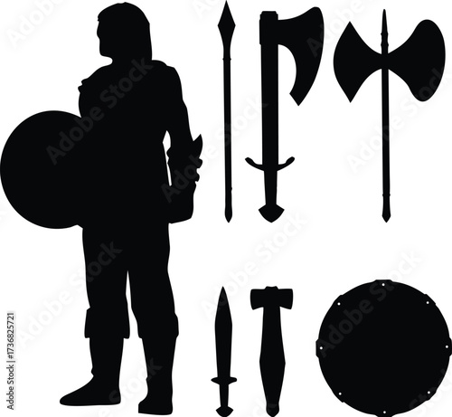 Silhouette of a medieval warrior holding a shield with various weapons and armor isolated on white background