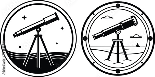 Two oval emblems featuring a telescope silhouette on a tripod one depicting a starry night sky and the other a landscape isolated on white background silhouette