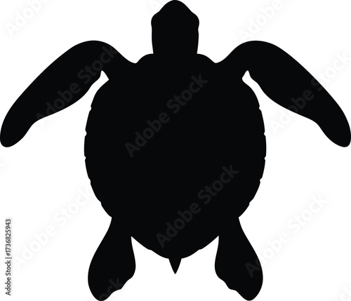 Black silhouette of a sea turtle swimming with flippers spread out isolated on white background