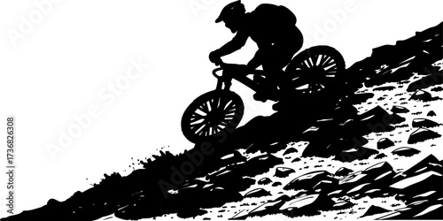 Silhouette of a mountain biker riding down a rocky slope isolated on white background
