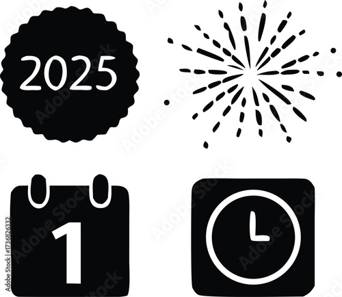 New year 2025 celebration icons including a calendar date fireworks and clock silhouette isolated on white background
