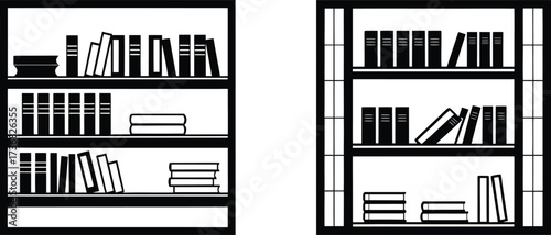 Two tall black bookshelves filled with books and decorative items in silhouette isolated on white background