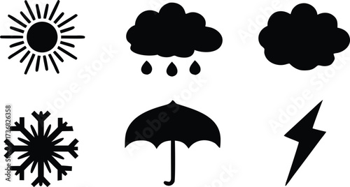Collection of six weather icons in silhouette style isolated on white background