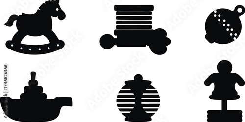 Collection of six vintage toy silhouettes isolated on white background