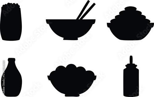 Collection of six distinct food and drink icons in silhouette style isolated on white background