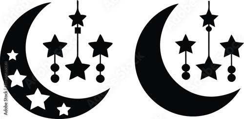 Crescent moon with hanging stars and beads in silhouette style isolated on white background