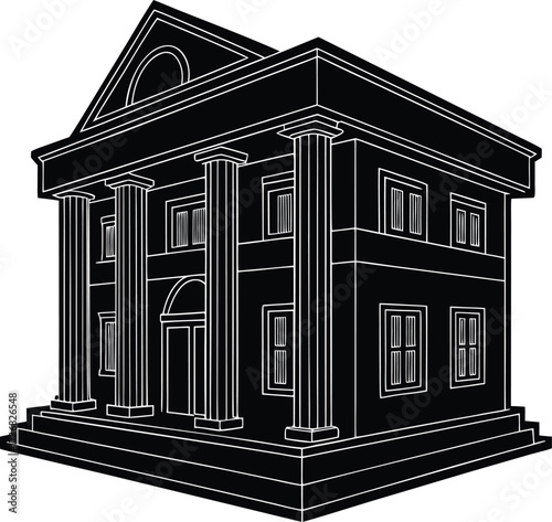 Classic greek revival building with columns and pediment silhouette isolated on white background