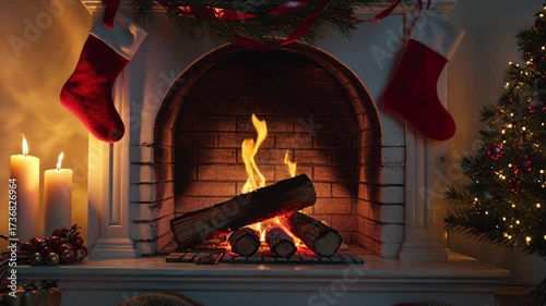 Cozy Christmas fireplace with crackling flames, hanging stockings, and twinkling tree lights creating a warm holiday atmosphere