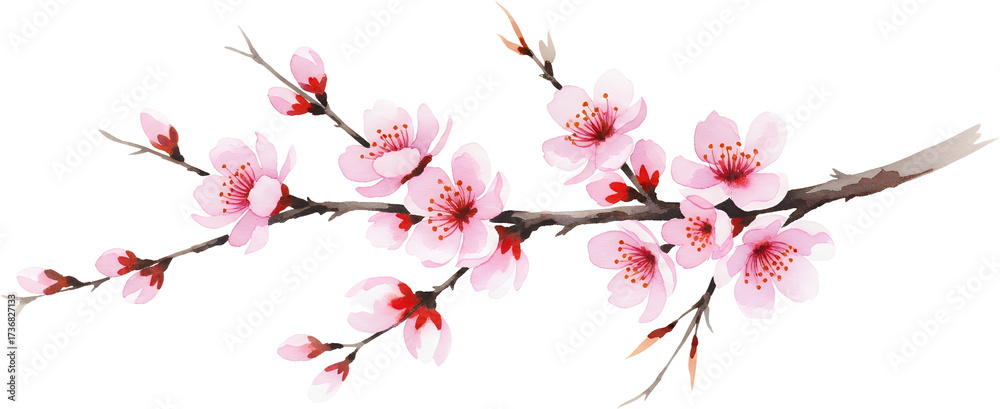 Fototapeta premium Delicate pink cherry blossoms bloom on a brown branch with dark red buds rendered in watercolor style on a transparent background pink flower sakura floral