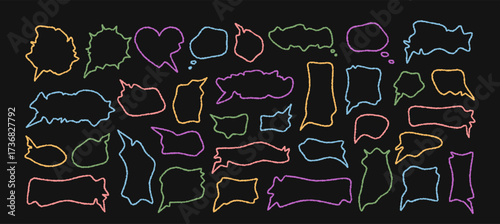 Wavy chalk outline balloon set with chat, bubble and cloud forms on black background. Speech box and round talk banner add playful outline dialogue accent to any communication or comic template.
