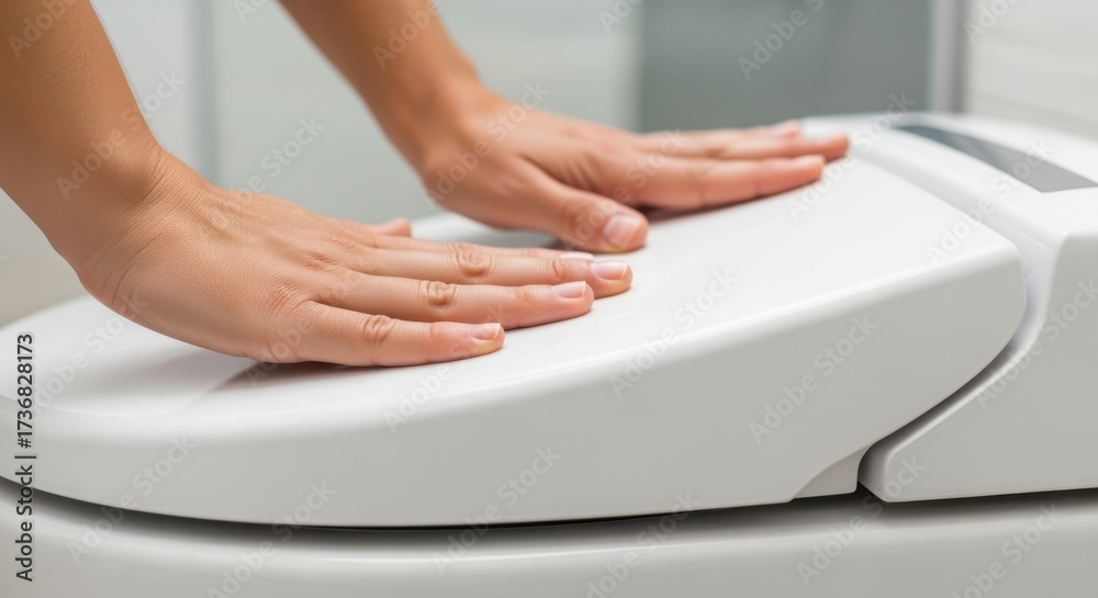 Fototapeta premium Hands gently pressing down on a newly installed slowclose toilet seat to demonstrate quiet soft closing.