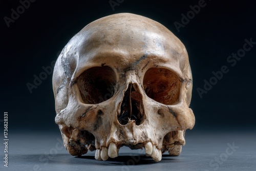 Natural human skull front view displayed against an isolated black background showcasing distinct features and textures in detail relevant to anatomical studies and educational purposes