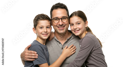 Portrait of a loving father with his happy children, joyful family moment reflecting parenthood, emotional connection, and responsible fathering