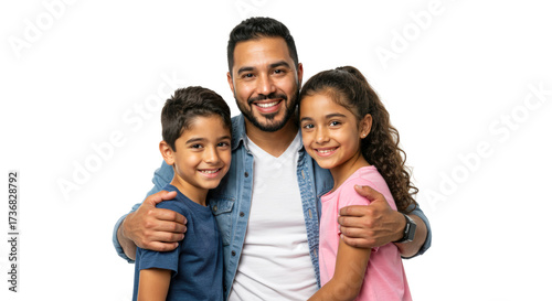 Portrait of a loving father with his happy children, joyful family moment reflecting parenthood, emotional connection, and responsible fathering