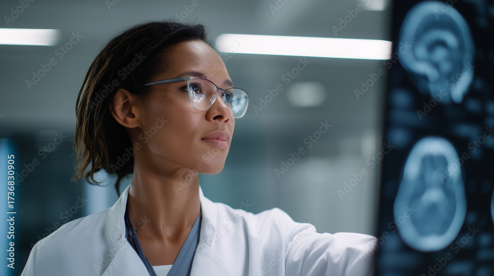 Fototapeta premium Female doctor analyzing brain MRI scans on large digital screen, modern hospital environment, advanced neurology research doctor analyzing MRI, brain scans, medical diagnostics, ne