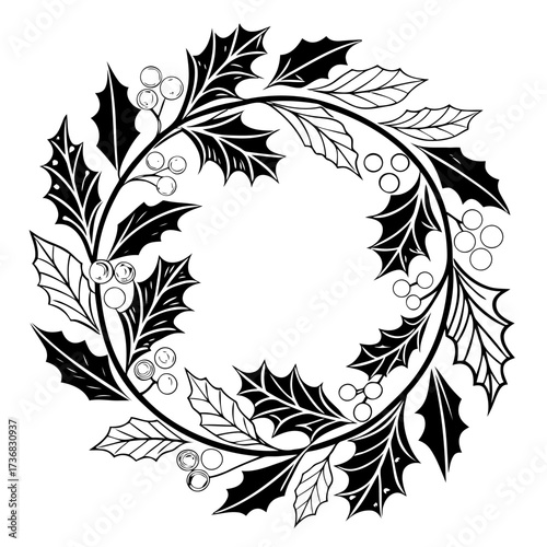 Festive christmas wreath circular design with holly berries and greenery