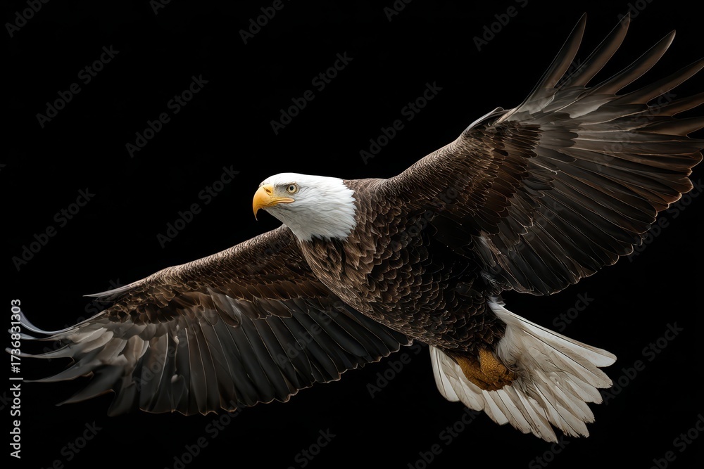 Naklejka premium Majestic bald eagle soaring gracefully against a dark backdrop showcases its vibrant plumage and powerful wings during midflight in a natural habitat